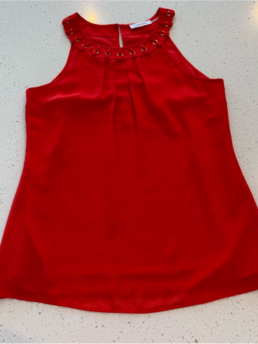 S Calvin Klein Sleeveless Blouse Gold Ring Detail Red Tank Top Size Small